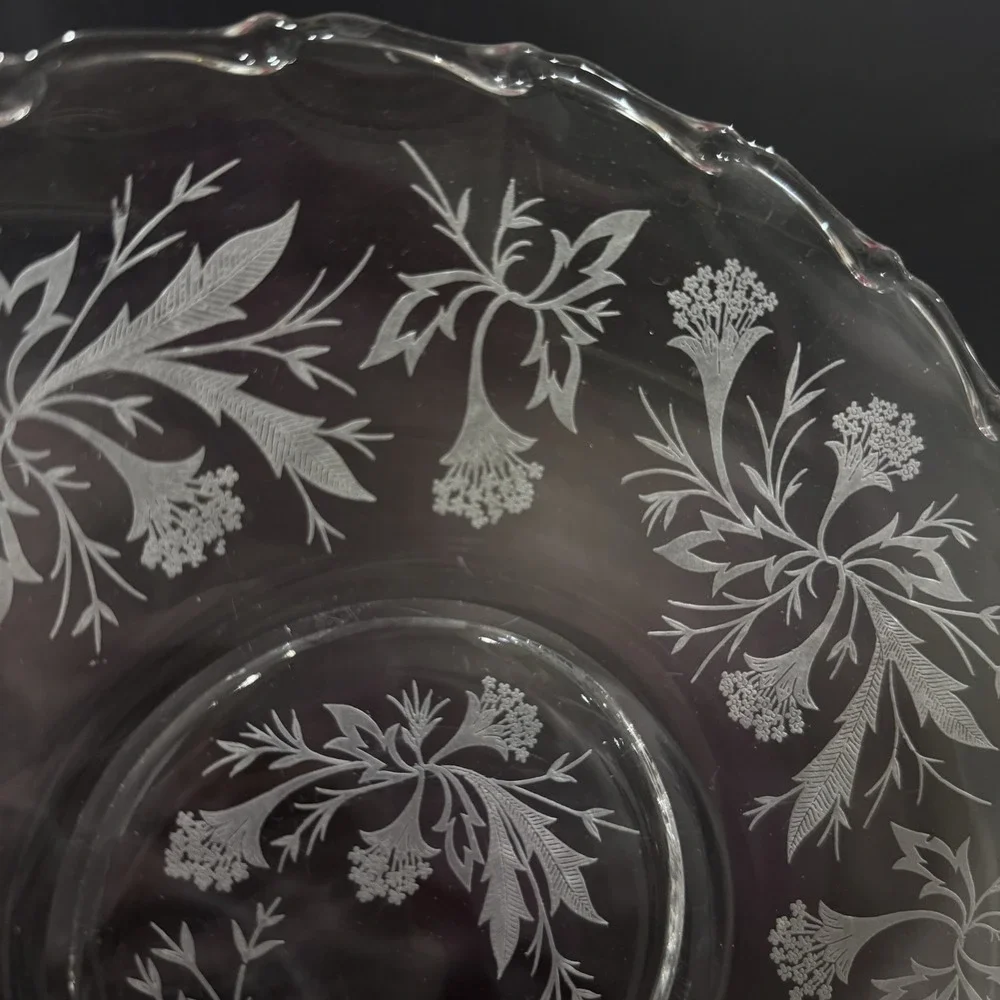 Vintage 9'‎ Pressed Glass Serving Plate w Handles Floral Pattern Scalloped Edge